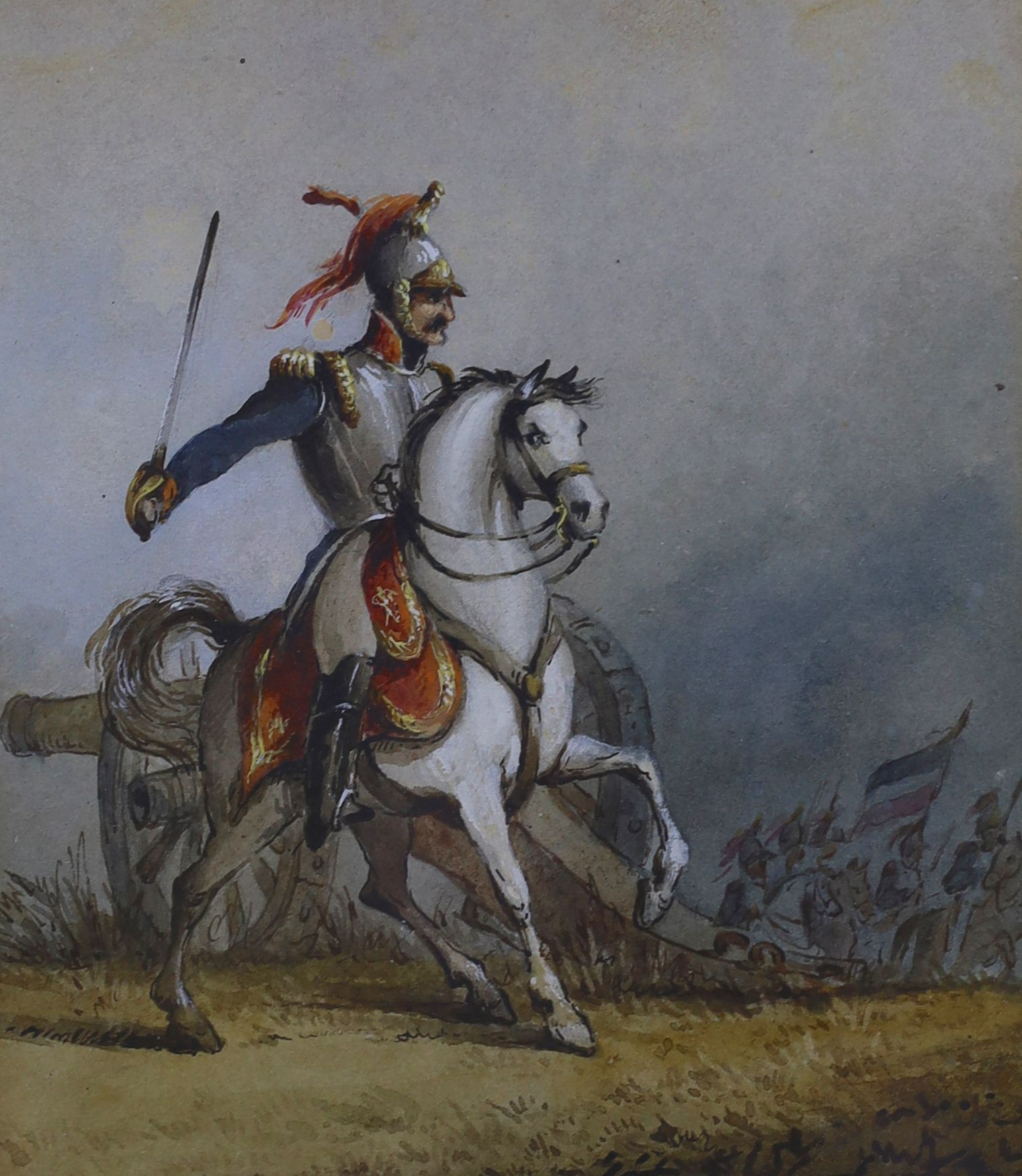 19th century French School, ink and watercolour, Cavalryman on the battlefield, 13 x 11cm